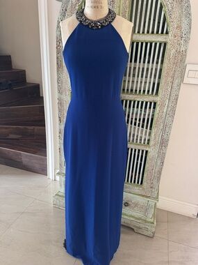 BCBGMaxAzria Royal Blue Beaded Halter Maxi Dress